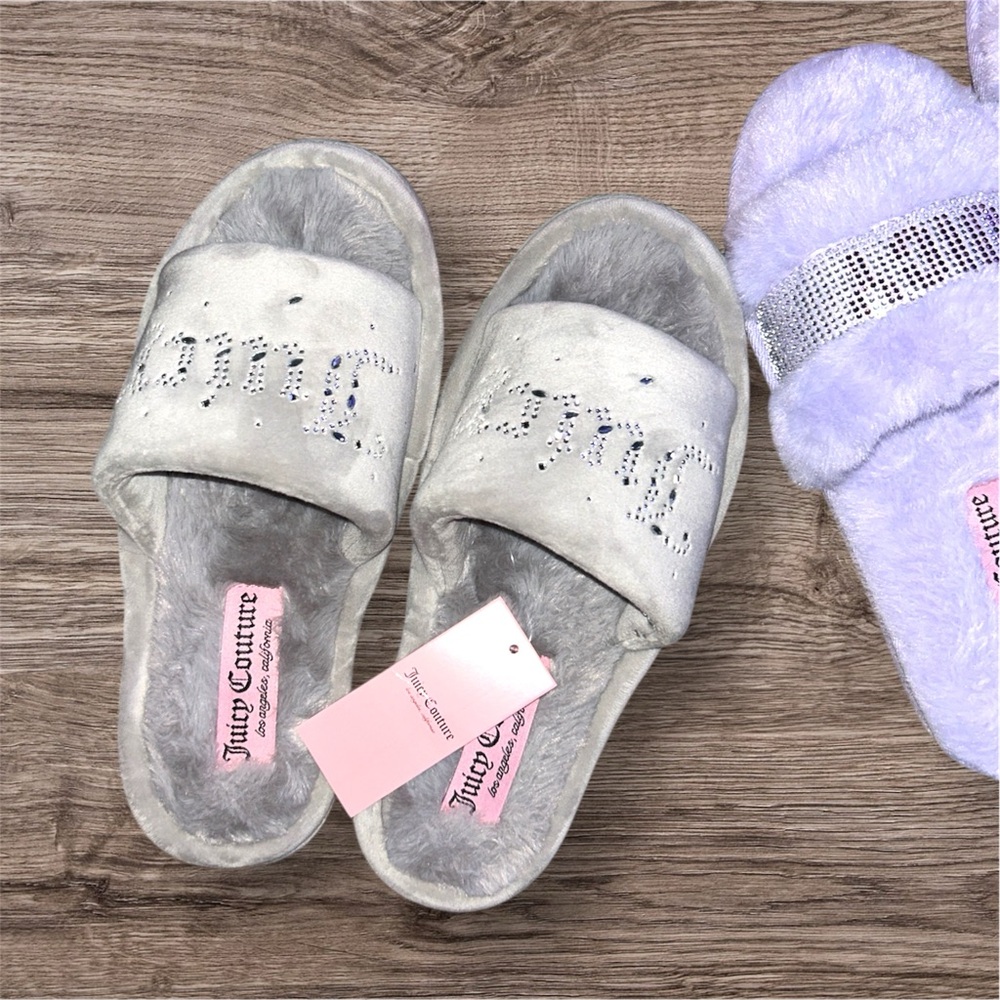 Juicy Couture Silver Gray Fur Slides with Rhinestones
